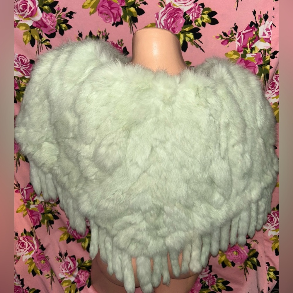 Mint green pastel Bunny fur rabbit tail gypsy glam doll coat jacket cape poncho - Picture 4 of 5